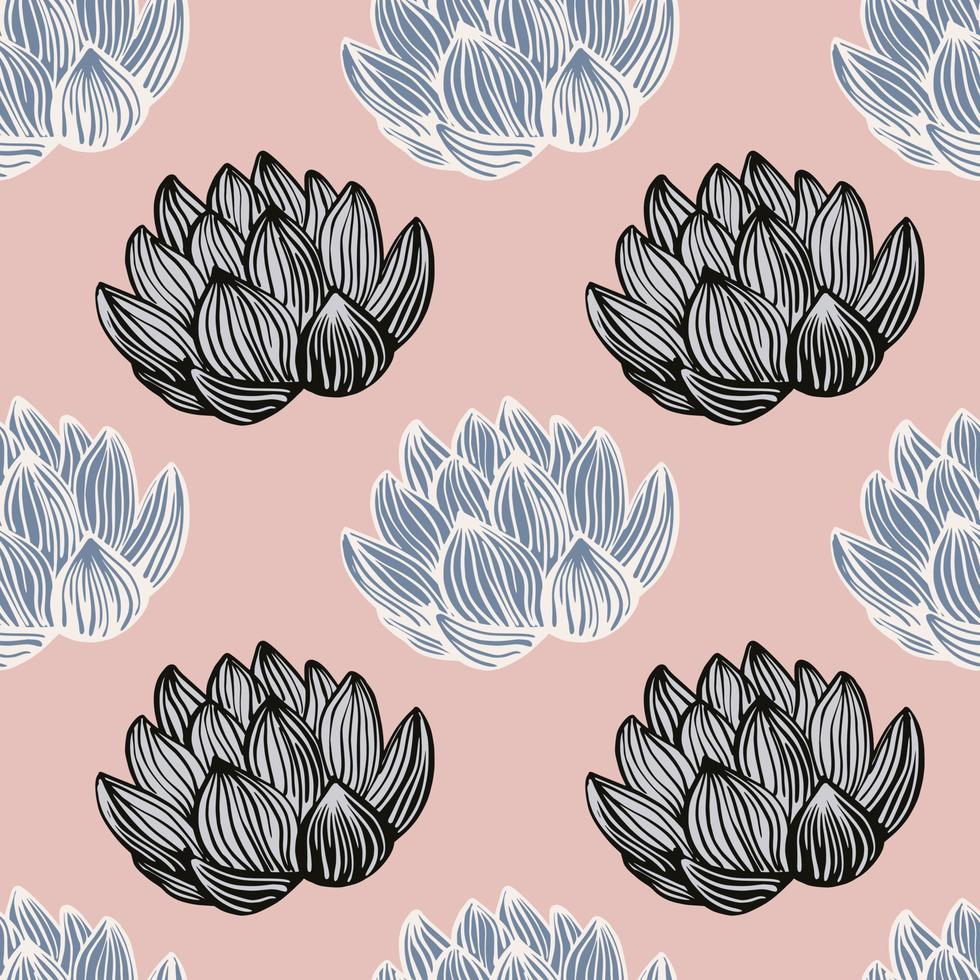 Japan flora nature seamless pattern with contoured lotus flower ornament. Pastel pink background. vector