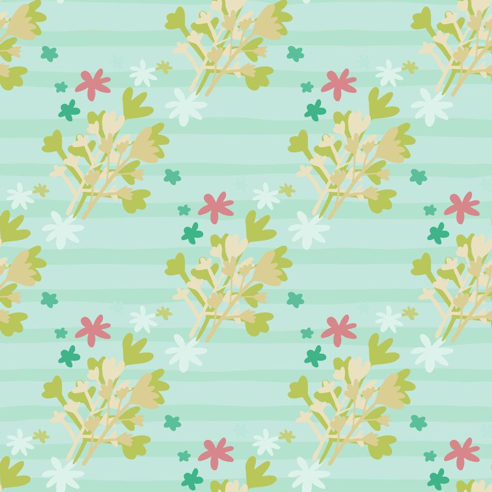 Pastel seamless naive pattern with abstract floral ornament in green tones. Blue stripped background. Little pink daisy flowers. vector