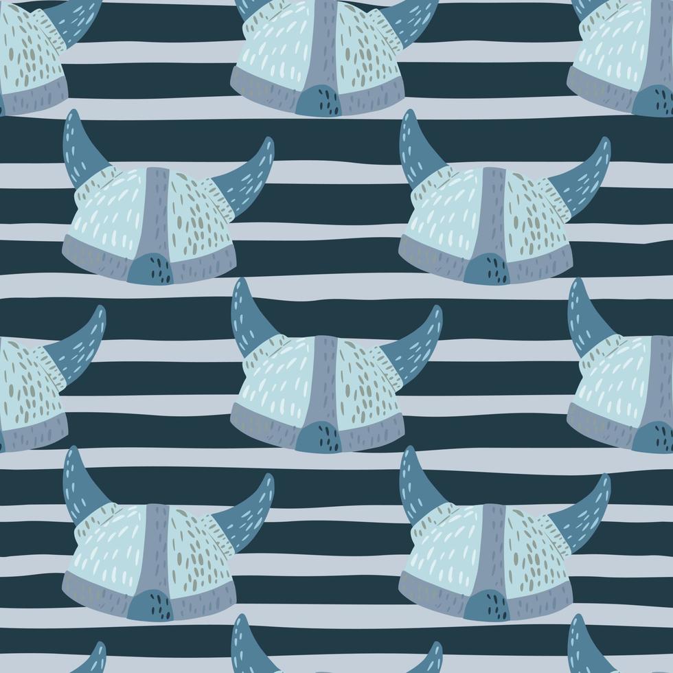 Light blue doodle viking helmet elements seamless pattern. Striped background with grey and navy blue lines. vector