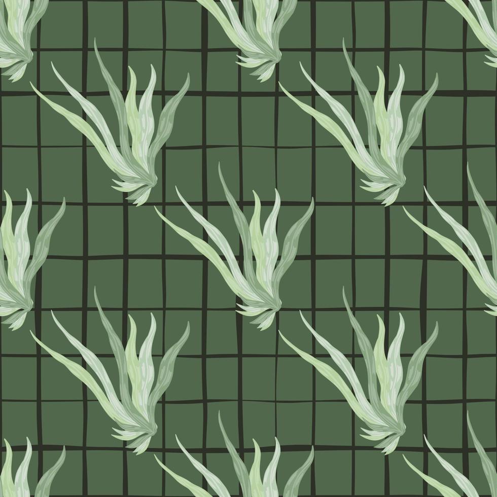 Seamless pattern in green palette with seaweed silhouettes. Chequered background. Ocean foliage ornament. vector