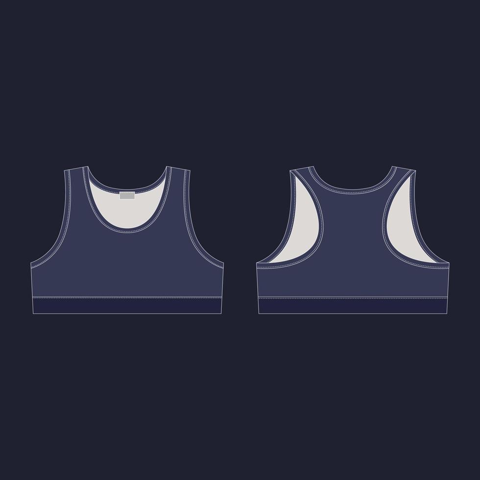 Women's sport underwear design template on black background. Technical sketch girl sports bra in blue colors. vector