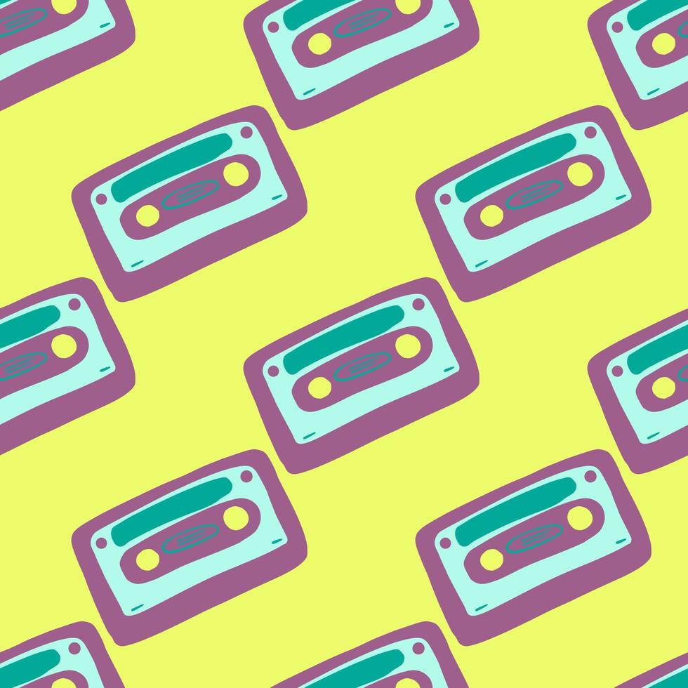 Bright pop seamless cassette pattern. Disco print with purple and blue colored ornament on yellow background. vector