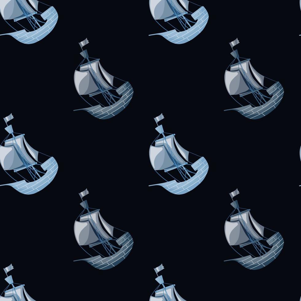 Dark seamless doodle pattern with decorative sailbot ship shapes. Black background. Ocean style. vector