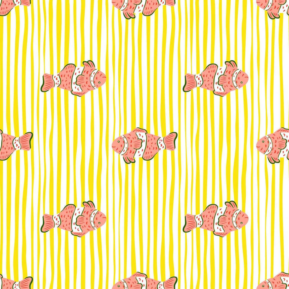 Pink clown fish seamless ocean pattern in doodle style. Yellow striped background. Tropic wildlife print. vector