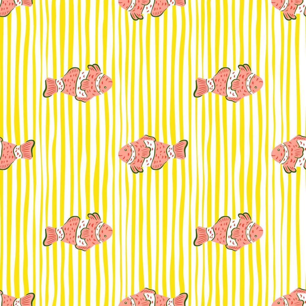 patrón de océano sin costuras de pez payaso rosa en estilo de fideos. fondo de rayas amarillas. estampado de vida silvestre tropical. vector