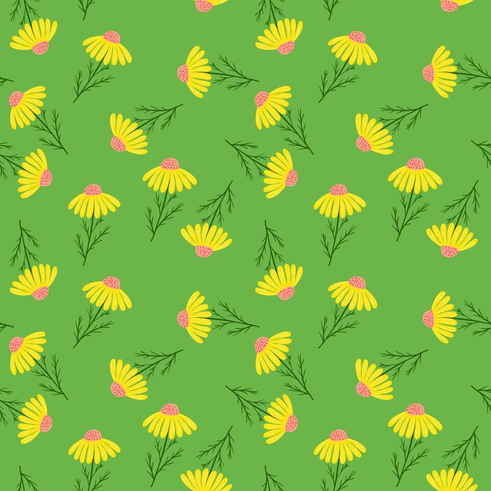 Blossom ornament seamless pattern with random yellow daisy flowers silhouettes print. Green background. vector