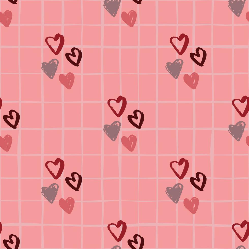 Hand drawn heart silhouettes seamless pattern. Pink background with check. Love elements in maroon and grey tones. vector