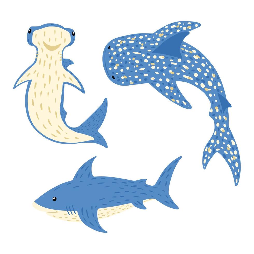 establecer tiburones sobre fondo blanco. dibujos animados lindos peces tiburón blanco, bonnethead, tiburón ballena en estilo garabato. vector