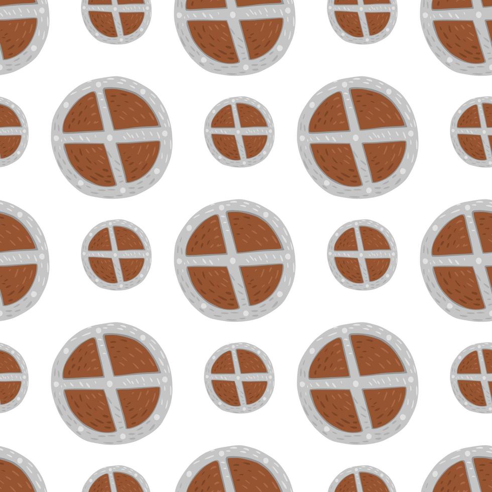 Seamless isolated pattern with grey and brown colored wood shield print. Middle ages war print on white background. vector