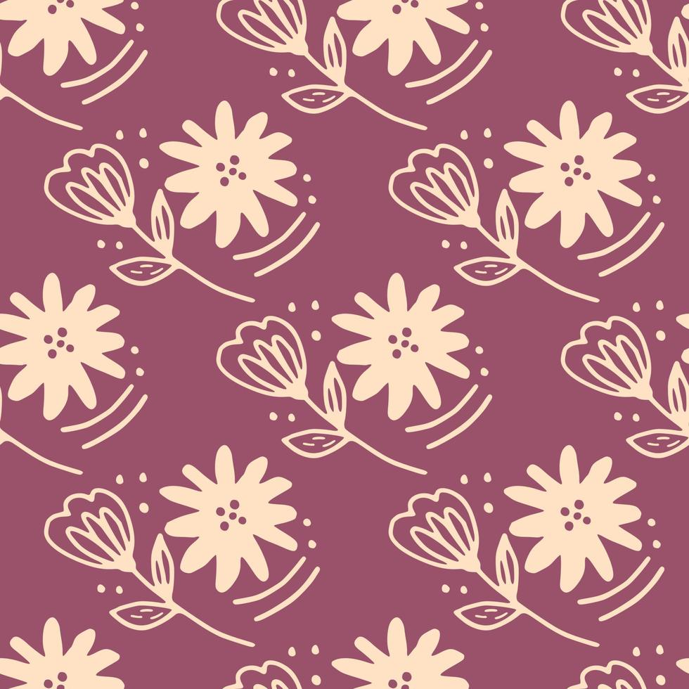 Abstract flower seamless pattern in line art style on pink background. Doodle floral wallpaper vector