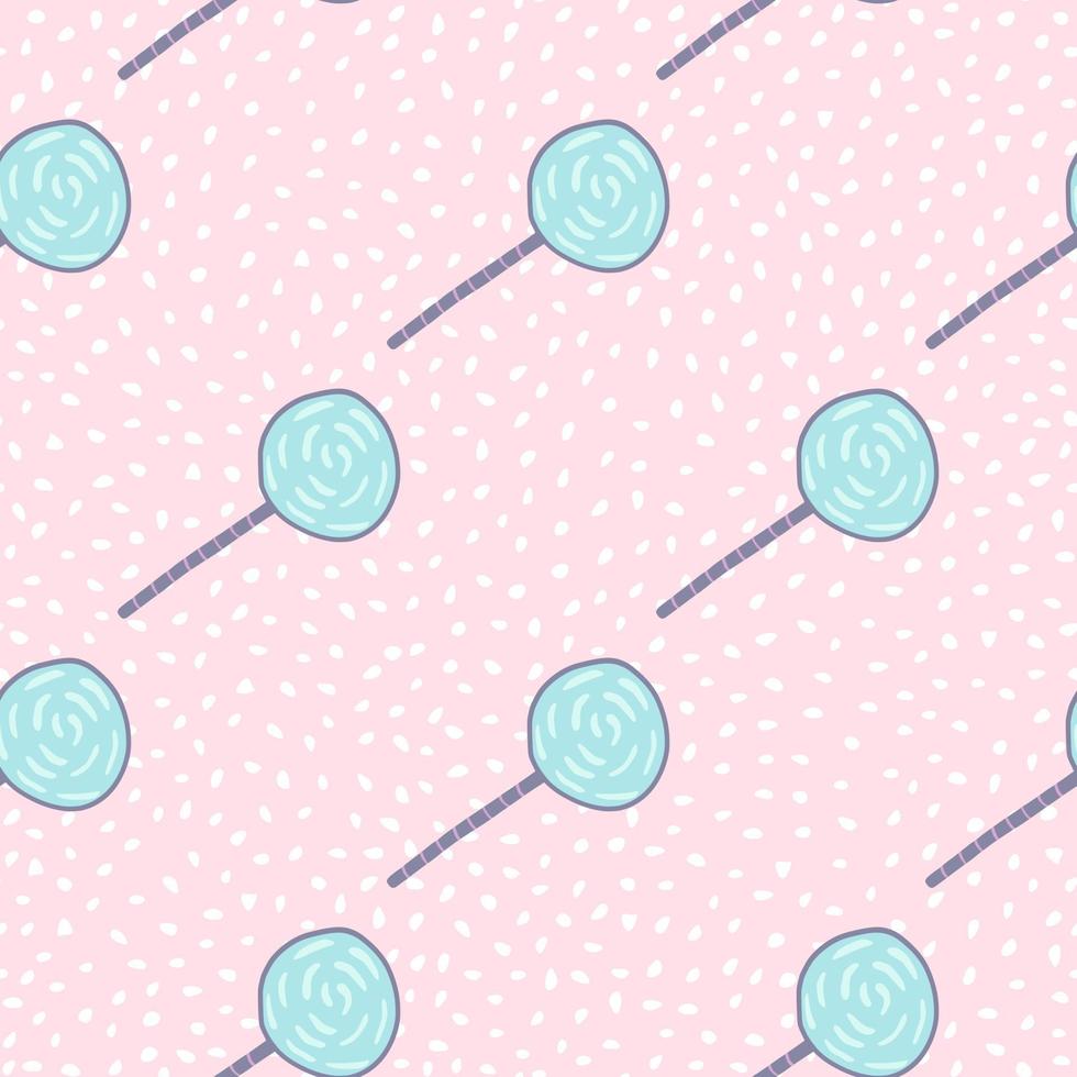 Tender seamless pattern with lollipop ornament. Blue candies on soft pink dotted background. vector