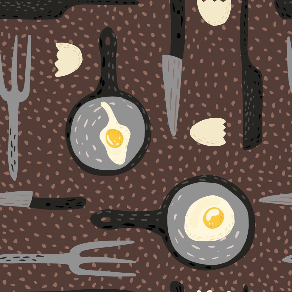 Fried eggs seamless pattern. Fried egg in pan with fork, knife and eggshell on dots background. vector