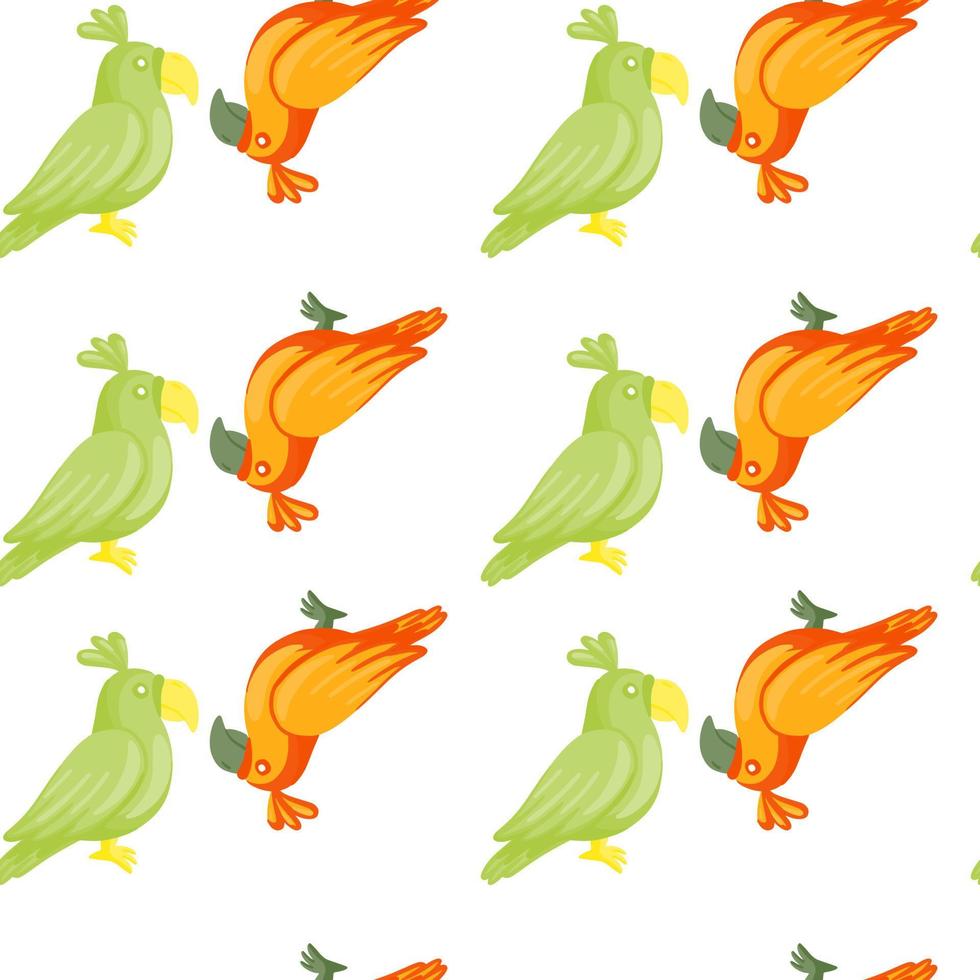 Green and orange colored parrots silhouettes seamless doodle pattern. White background. Isolated print. vector