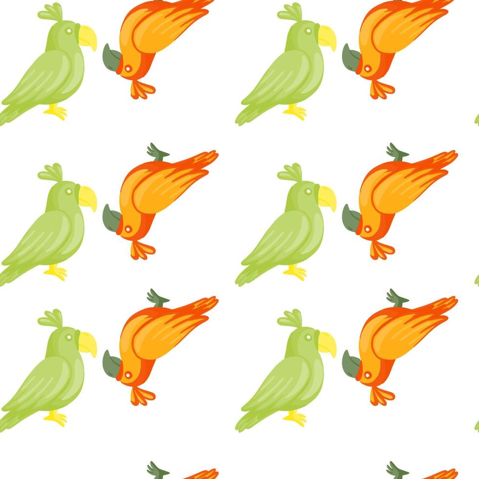 siluetas de loros de color verde y naranja patrón de garabato sin costuras. Fondo blanco. impresión aislada. vector