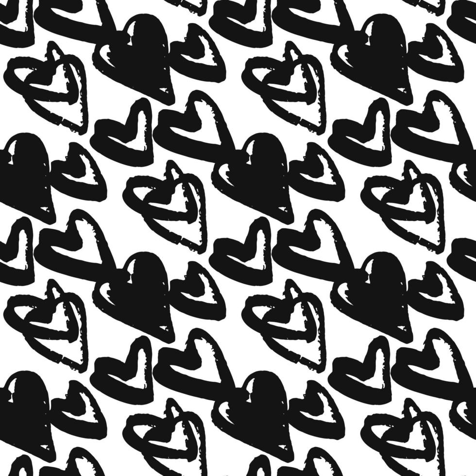Grunge seamless pattern with heart figures. Monochrome print with love black silhouettes on white background. vector