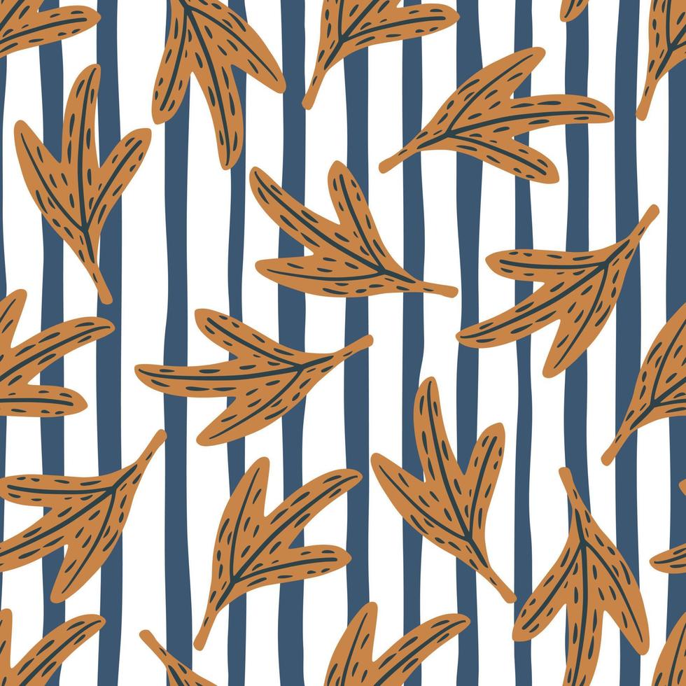 Fall seamless doodle pattern with orange falling foliage print. Leaves ornament on white and blue striped background. vector