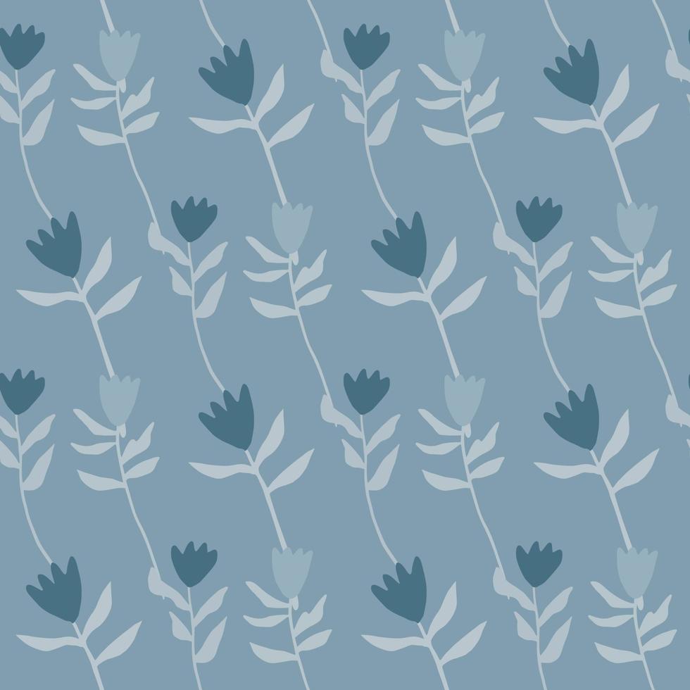 Floral simple tulip seamless pattern. Botanic silhouettes and background in pastel navy blue tones. vector