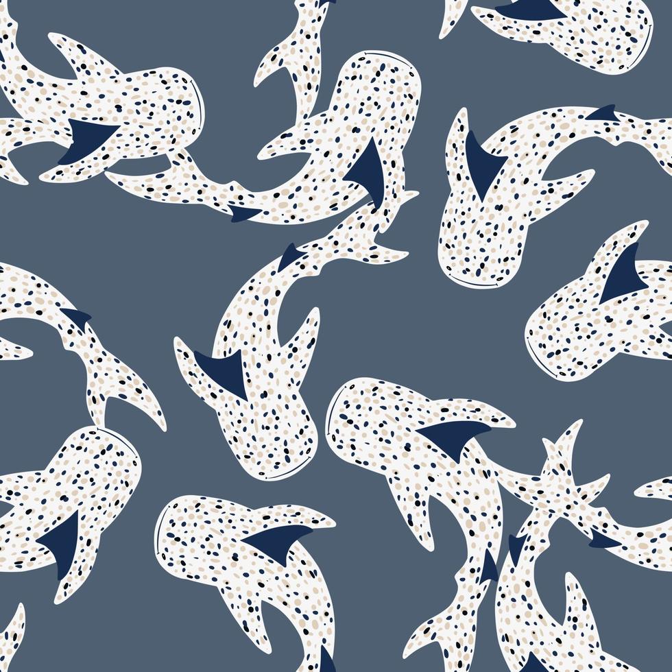 Random seamless marine pattern with white whale sharks. Blue dark pale background. vector