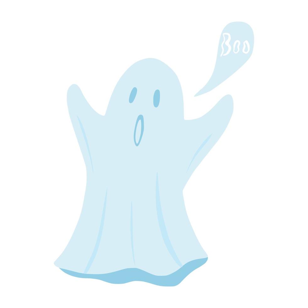 Ghost floating with hands isolated on white background. Cartoon cute phantom in style doodle. vector