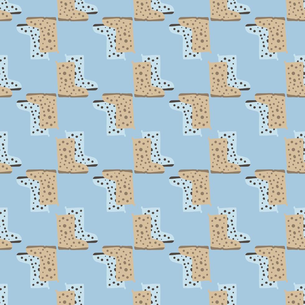 Simple season seamless pattern with rubber boot elements. Beige shoes silhouette on blue background. vector