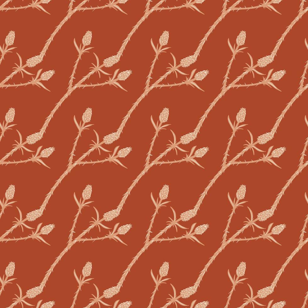 Simple hand drawn seamless stylized pattern with thorn branches silhouettes. Dark red background. Pastel palette. vector