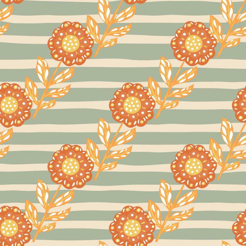 Decorative floral seamless pattern with diagonal orange folk flowers elements. Grey striped pale background. vector