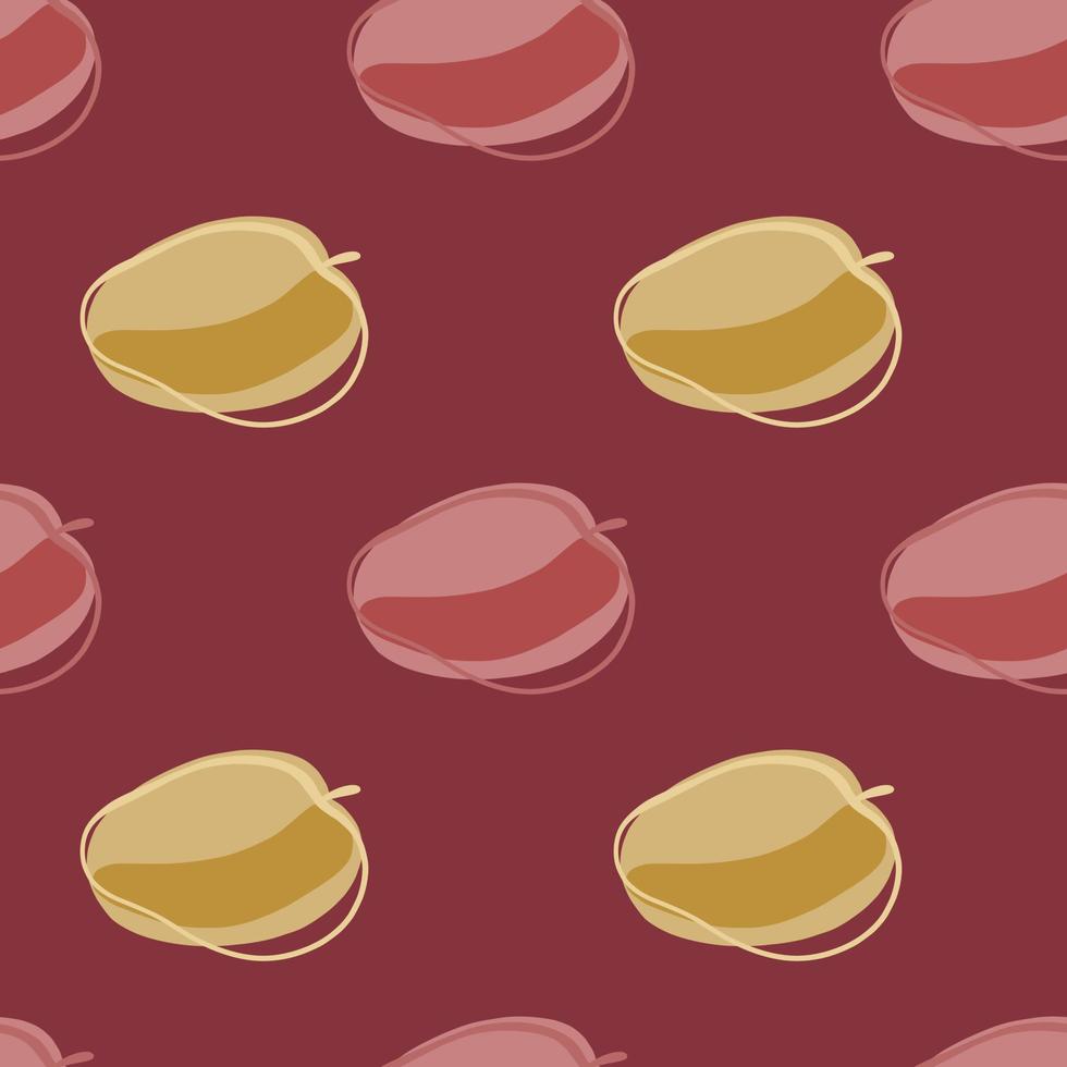Vegeterian fruit seamless pattern with pale contoured abstract peach silhouettes. Maroon dark background. vector
