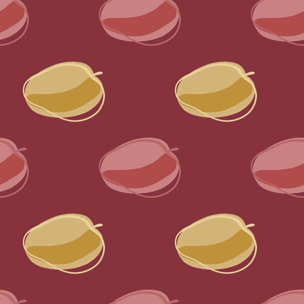 Vegeterian fruit seamless pattern with pale contoured abstract peach silhouettes. Maroon dark background. vector