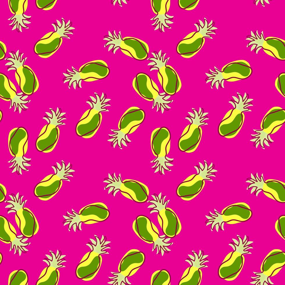 Exotic food seamless bright pattern with green and yellow pineapples shapes. Pink background. Simple style. vector