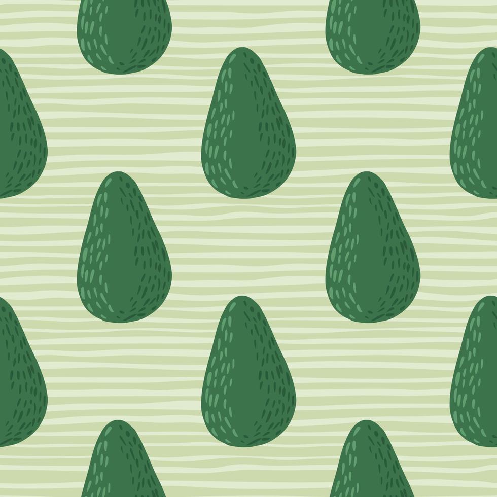 Vegetarian seamless pattern with organic doodle avocados. Breakfast food green ornament on light stripped background. vector