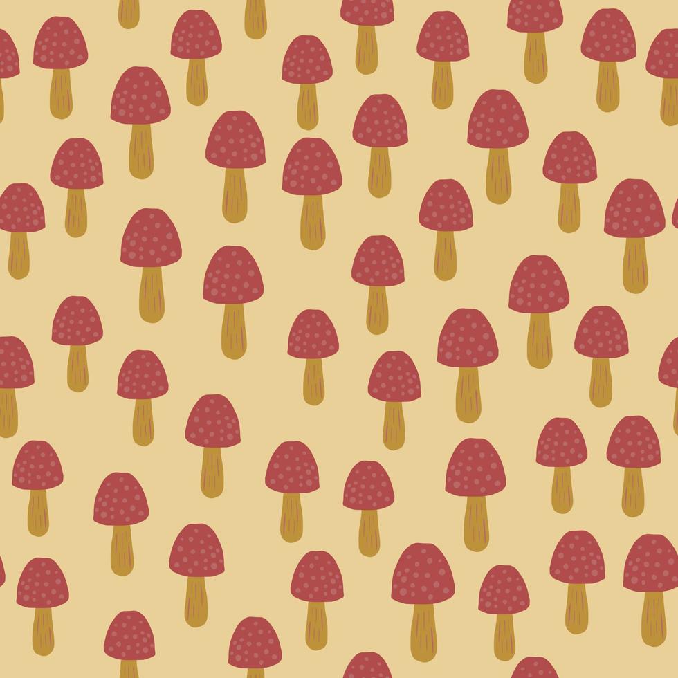 Little mushrooms silhouettes seamless pattern. Light orange background. Red amanitas doodle figures. vector