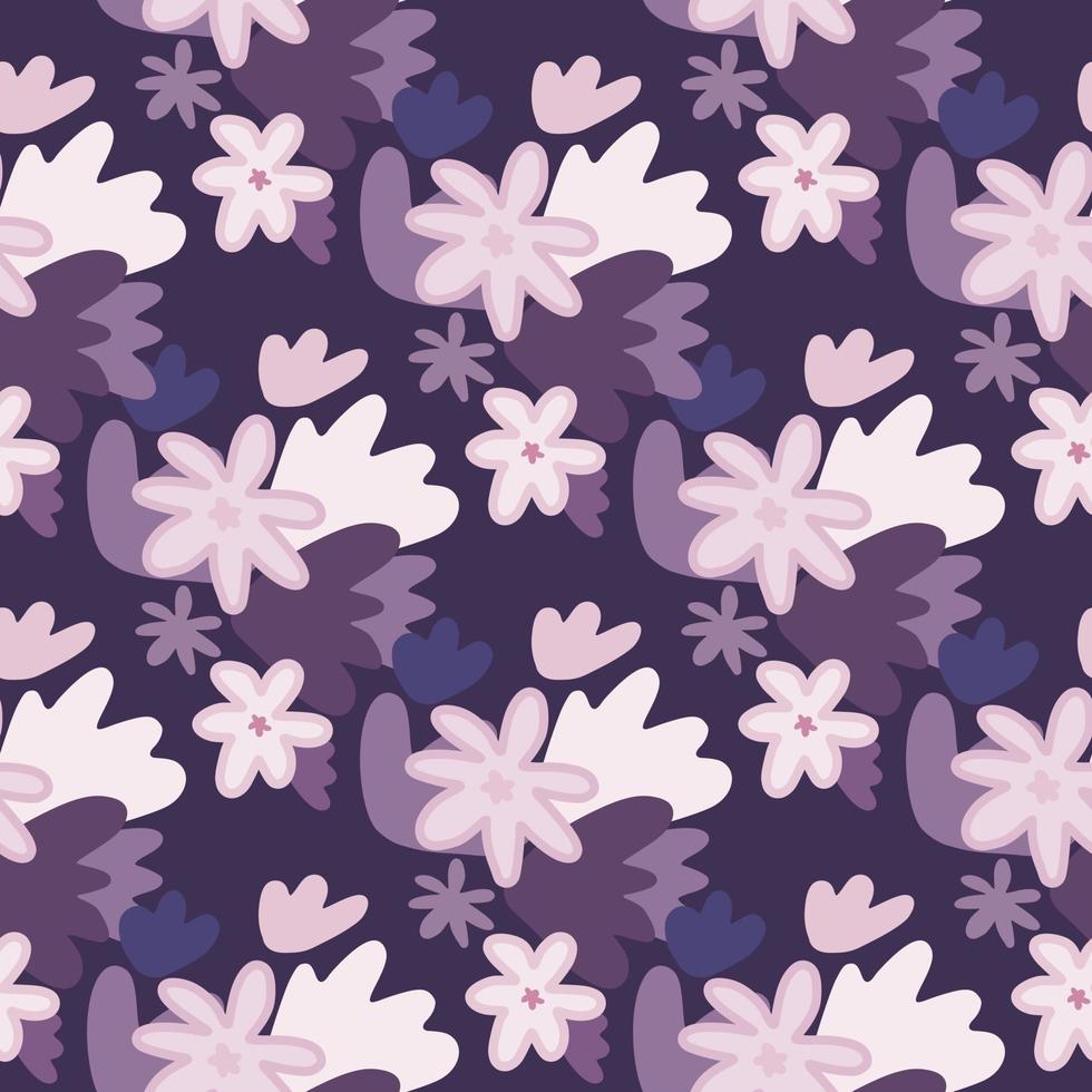 Random seamless floral pattern with chamomile abstract shapes. Botanic backdrop in purple, pink, white tones. vector