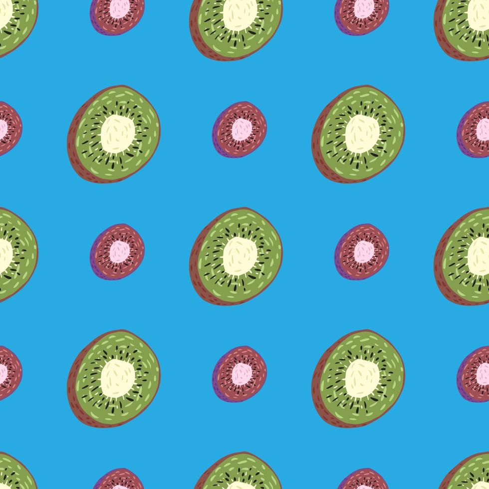 Contrast seamless pattern with doodle green and pink kiwi slices. Blue background. Funny design. vector