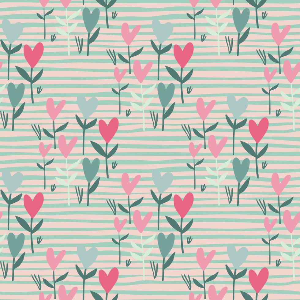 Pastel tender seamless heart pattern. Stripped background with turquoise lines. Pink and blue valentine flowers. vector