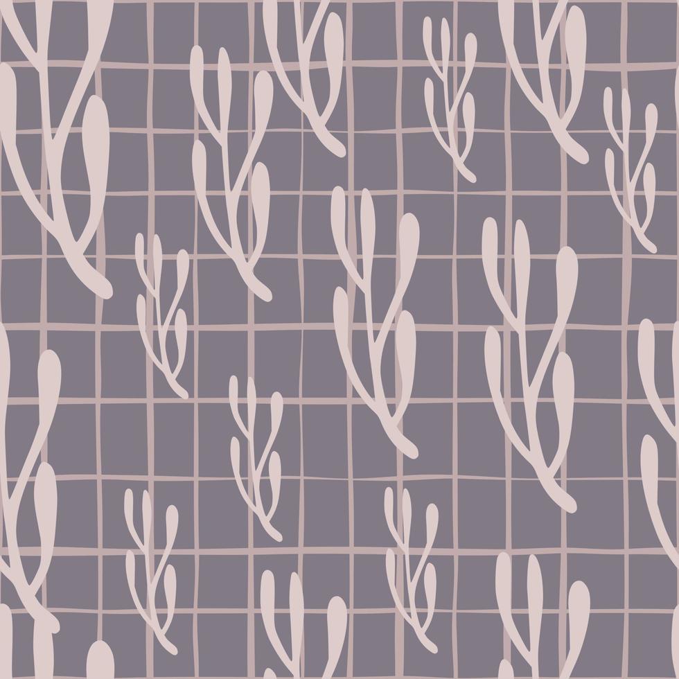 Nature botanic seamless pattern with random branches minimalistic shapes. Purple pale chequered background. vector