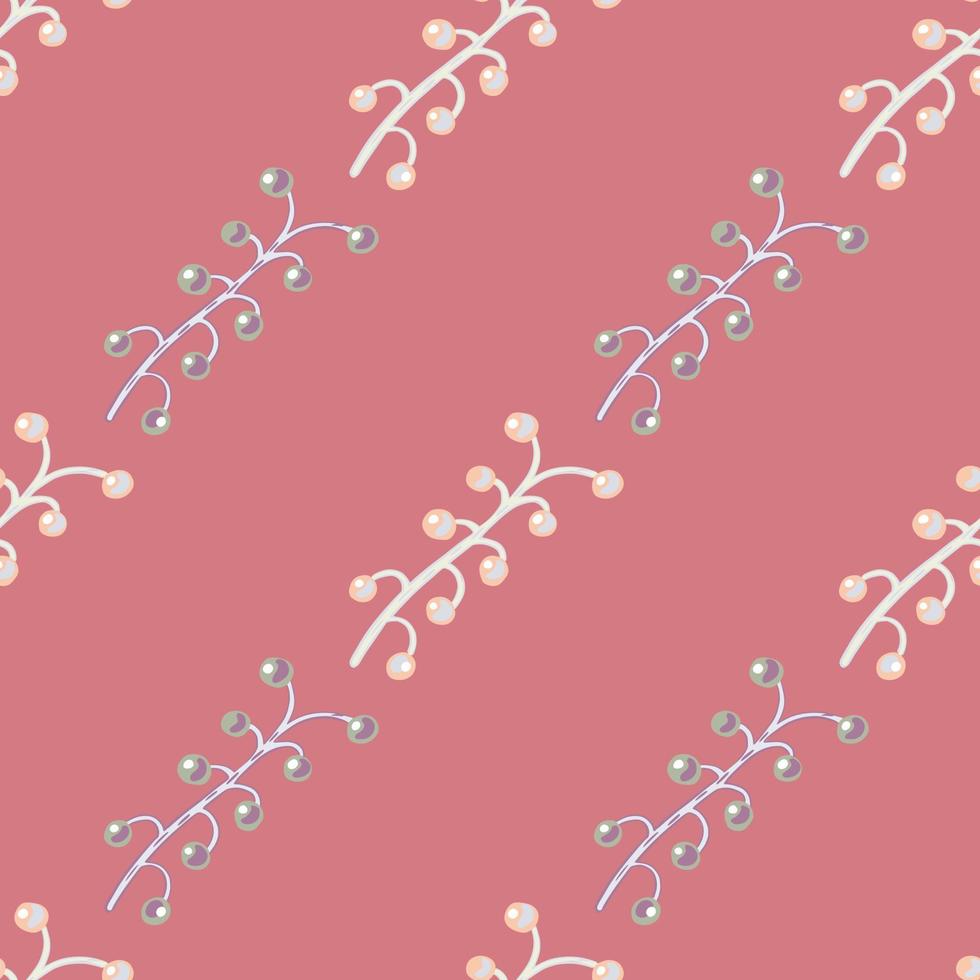 Seamless pattern in minimalistic style with doodle berry branches shapes. Pink background. Flora artwork. vector