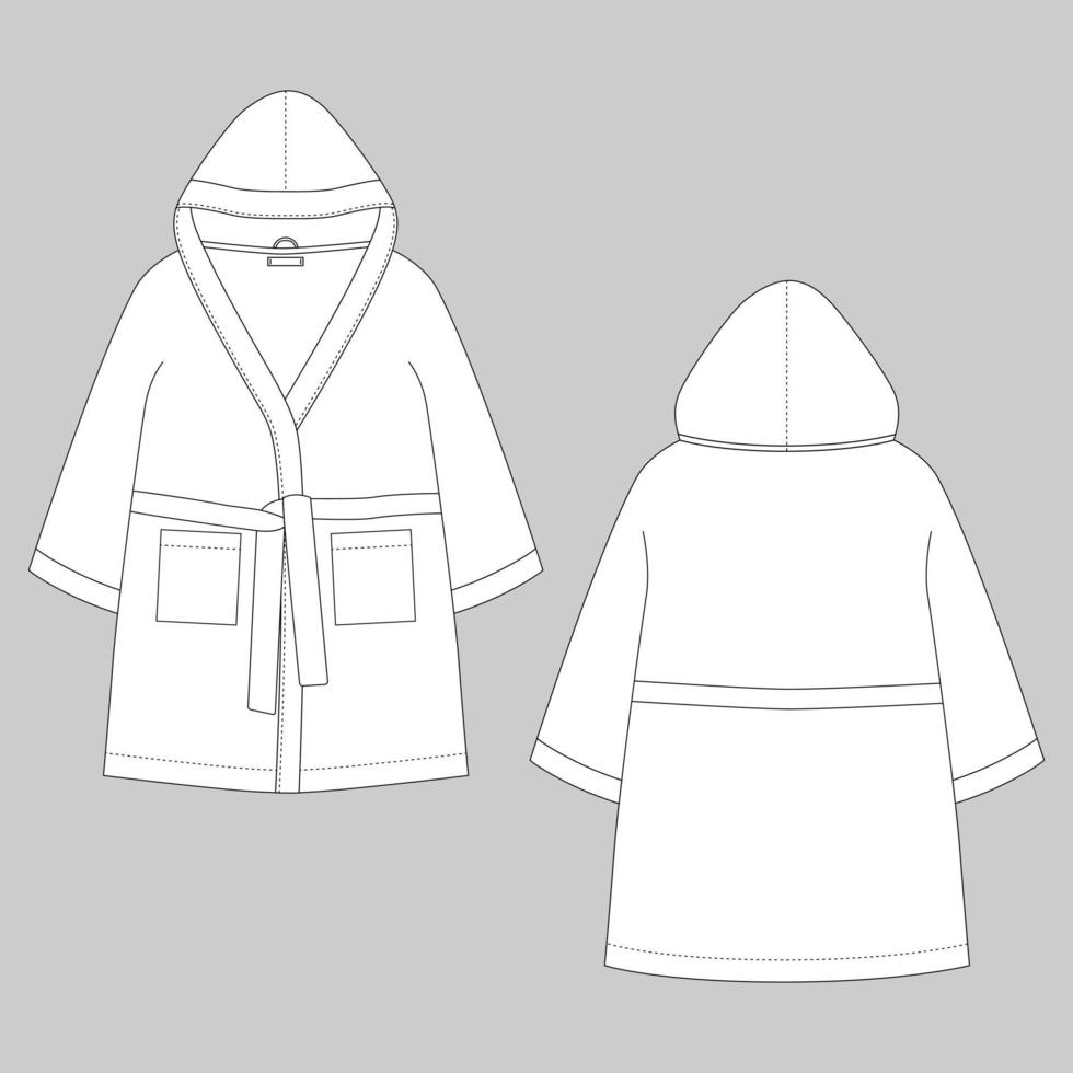 Technical sketch with Children's bathrobe isolated on gray background. Hooded bathrobe vector