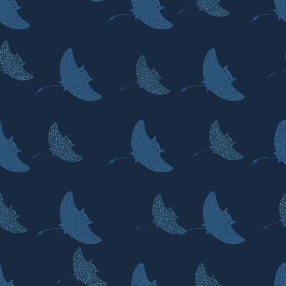 Wildlife seamless pattern with nature stingray silhouettes print. Navy blue dark backround. Doodle shapes. vector