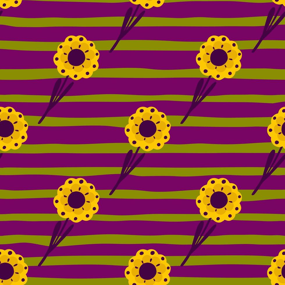 Seamless doodle pattern with cute yellow flowers in folk style ornament. Green and purple striped background. vector