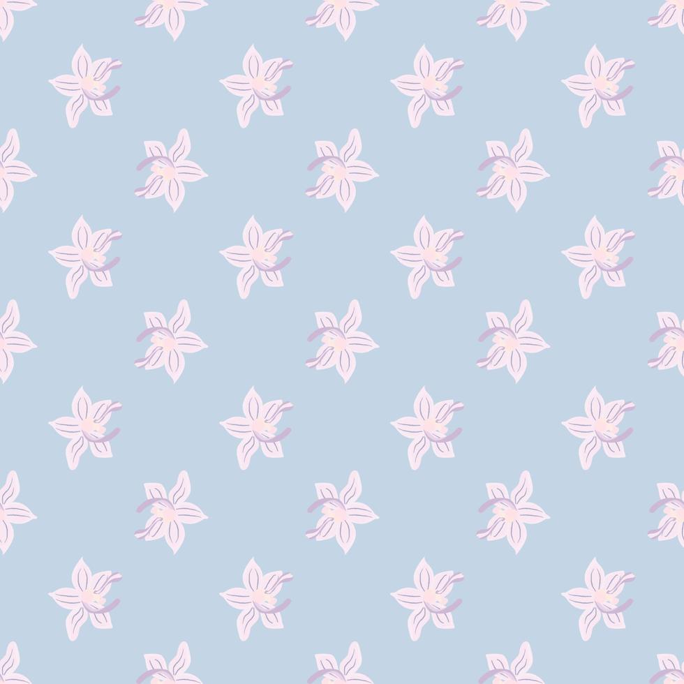 Light pink orchid flowers ornament seamless pattern. Pastel blue background. Hand drawn tropic style. vector