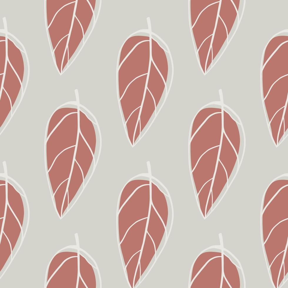 Minimalistic stylized botanic seamless pattern with leafs. Abstract outline ornament in pale maroon tone on grey background. vector