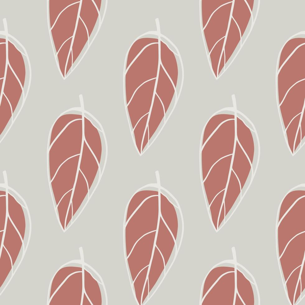 Minimalistic stylized botanic seamless pattern with leafs. Abstract outline ornament in pale maroon tone on grey background. vector