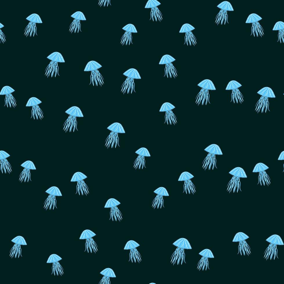 Random little jellyfishes seamless pattern. Doodle blue simple undersea silhouettes on black background. vector