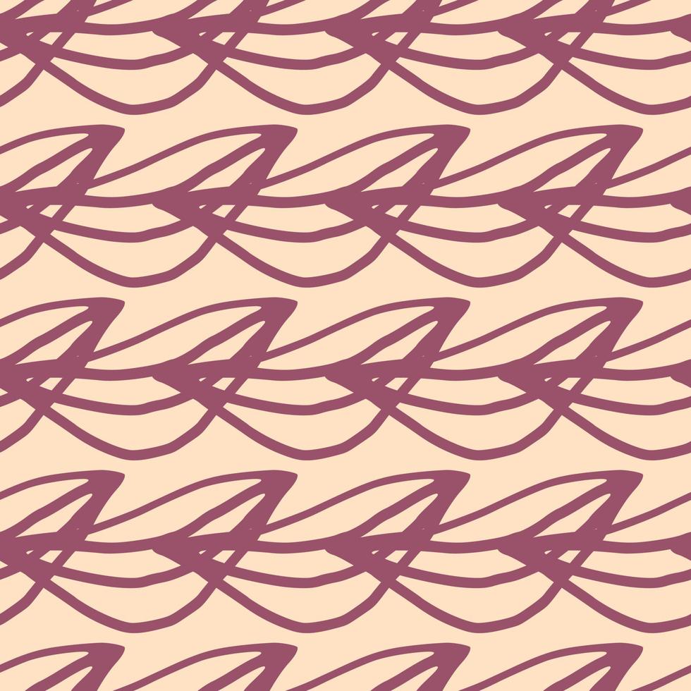 Seamless botanic pattern with purple outline leafs on beige background. Floral backdrop. vector
