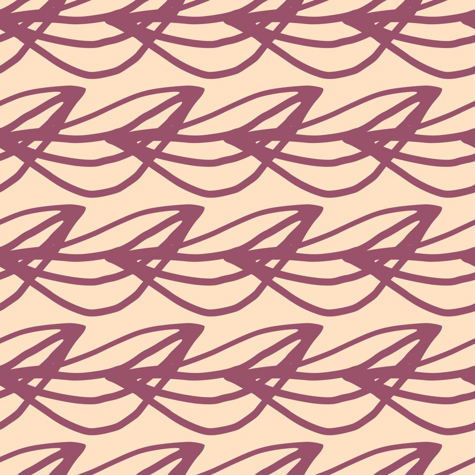 Seamless botanic pattern with purple outline leafs on beige background. Floral backdrop. vector