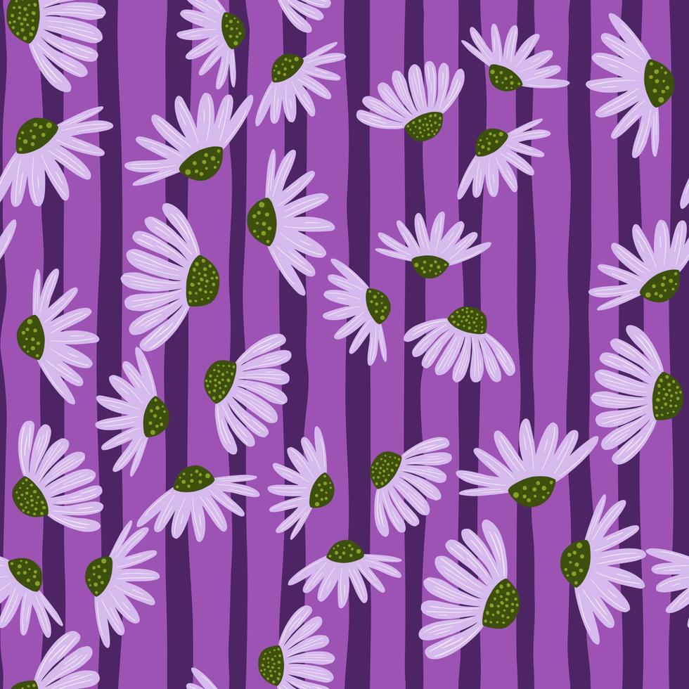 Random bright seamless pattern with simple style daisy flowers silhouettes. Purple striped background. vector