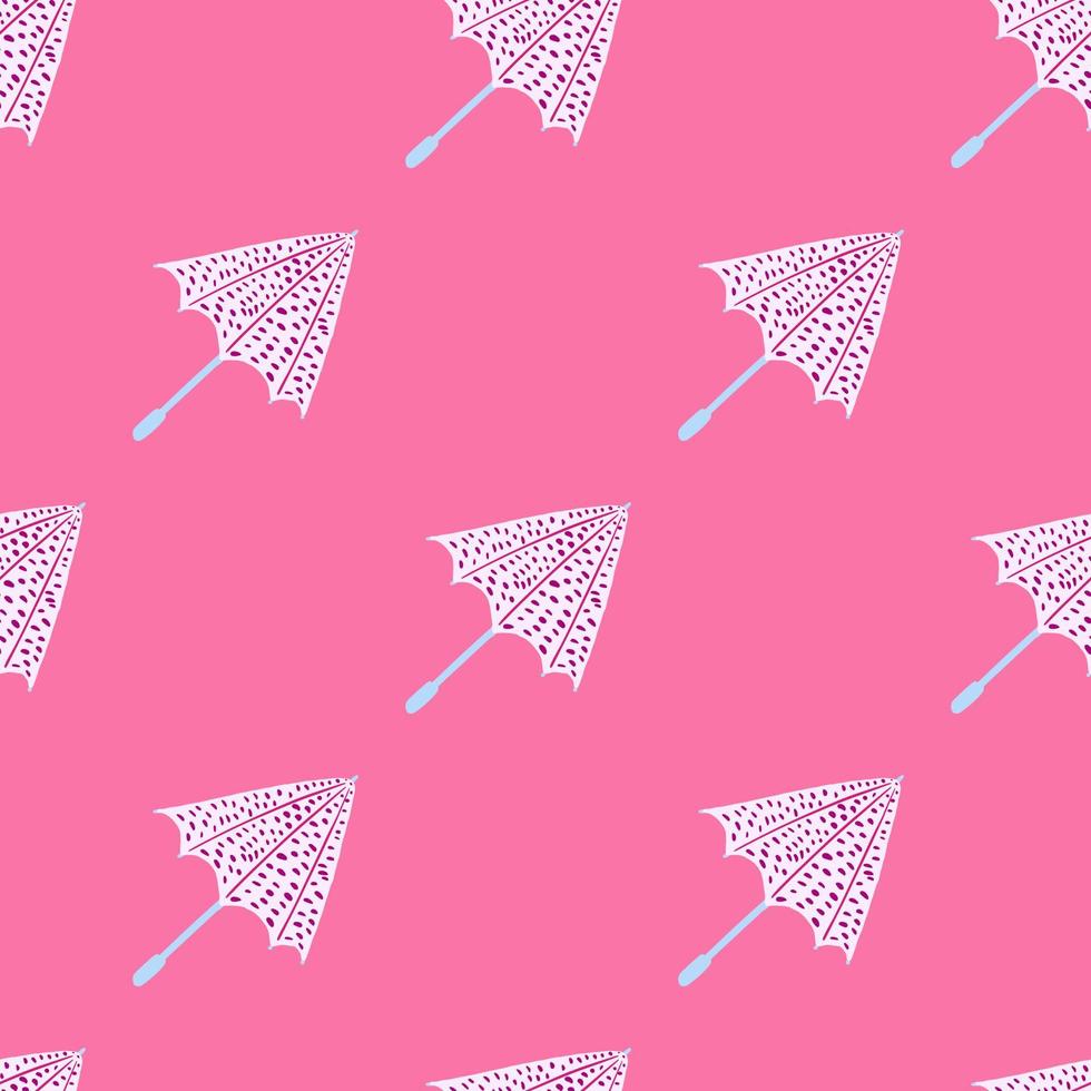 Rainy accessory seamless pattern with white dotted umbrellas. Pink backgound. vector
