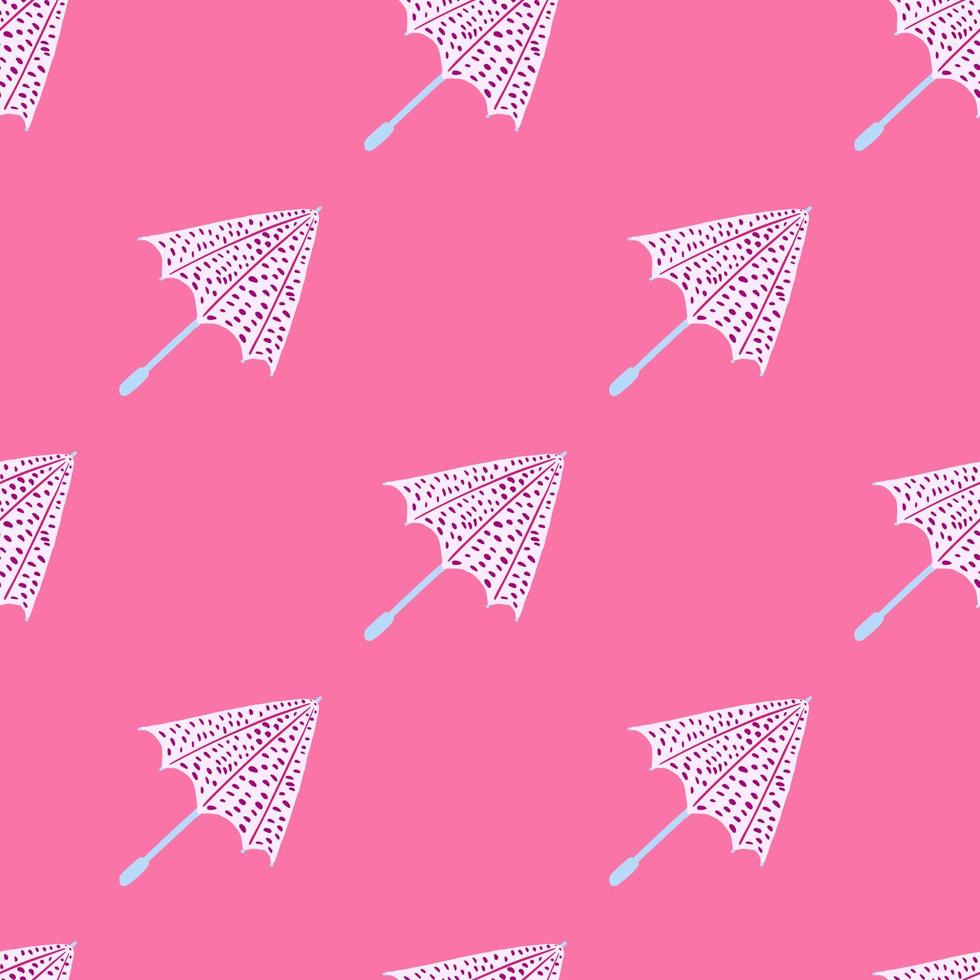 Rainy accessory seamless pattern with white dotted umbrellas. Pink backgound. vector