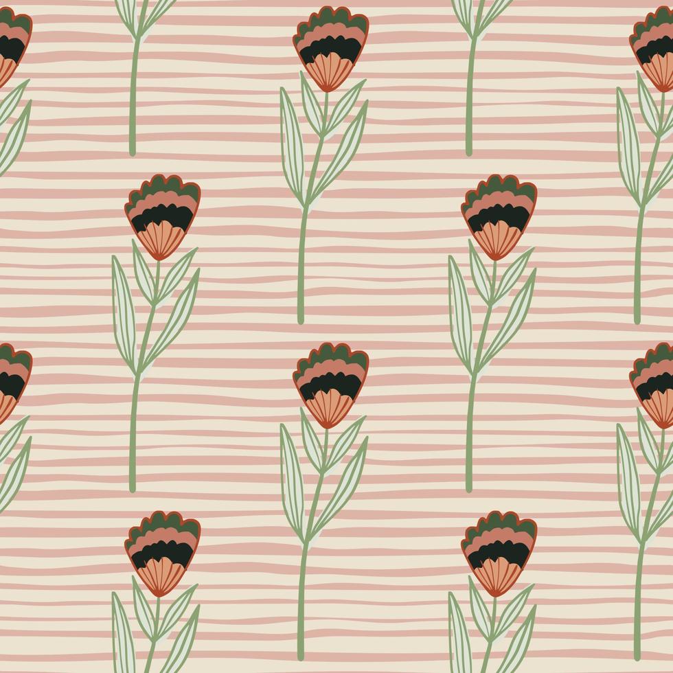 Orange and green contoured flowers seamless pattern. Stripped background in pink colors. Simple backdrop. vector