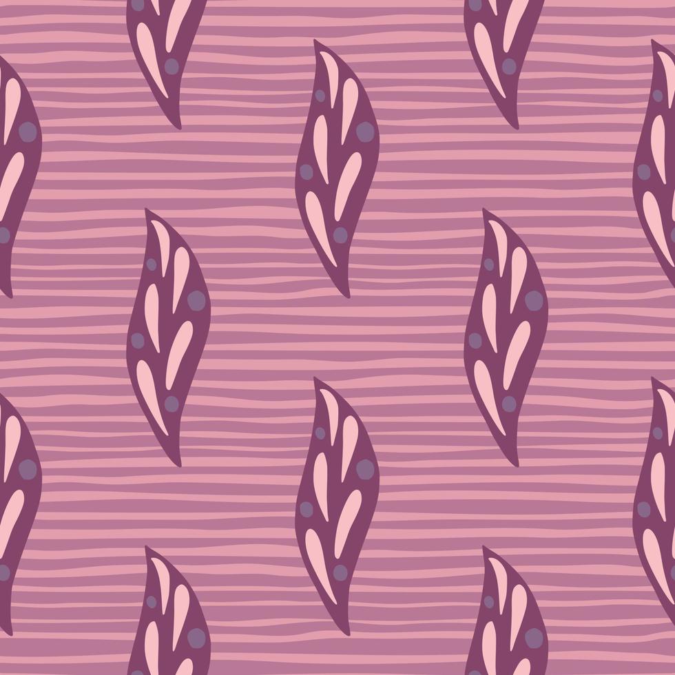 Simple style botanic seamless pattern with abstract leaves elements print. Purple and pink striped background. vector